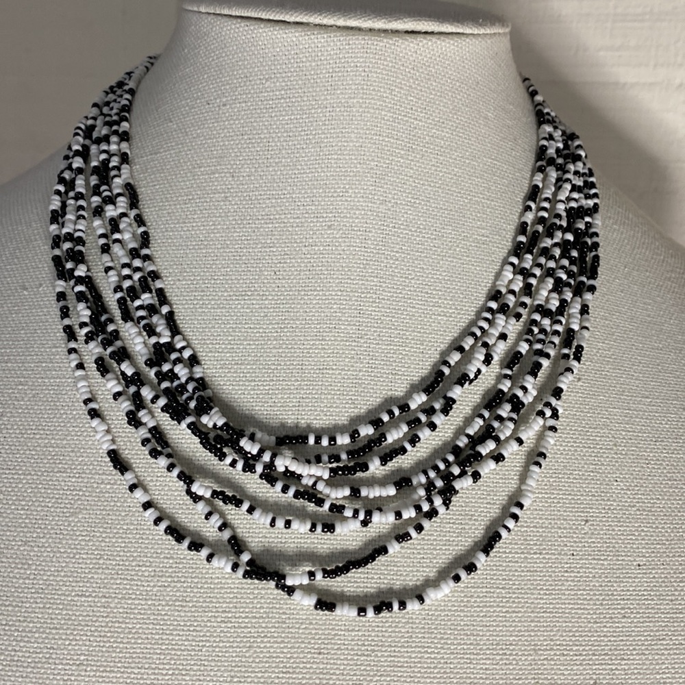 Lovely multi strand black white seed bead necklace